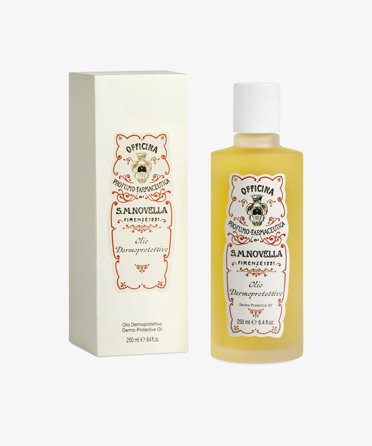 A 250 ml bottle of Dermoprotective Oil comes in a white and red box with vintage-style labels—perfect for delicate skin due to its nourishing jojoba and sweet almond oils.