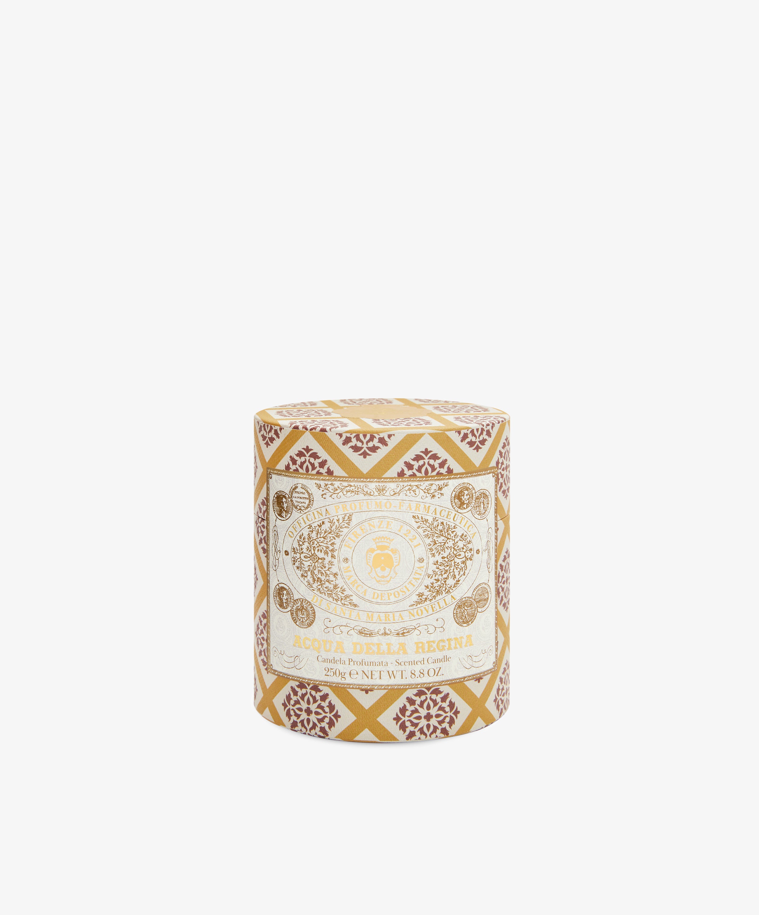 The Acqua Della Regina Candle, in a round container with a label, captures the essence of Florentine fragrance and the timeless elegance of Firenze 1221.