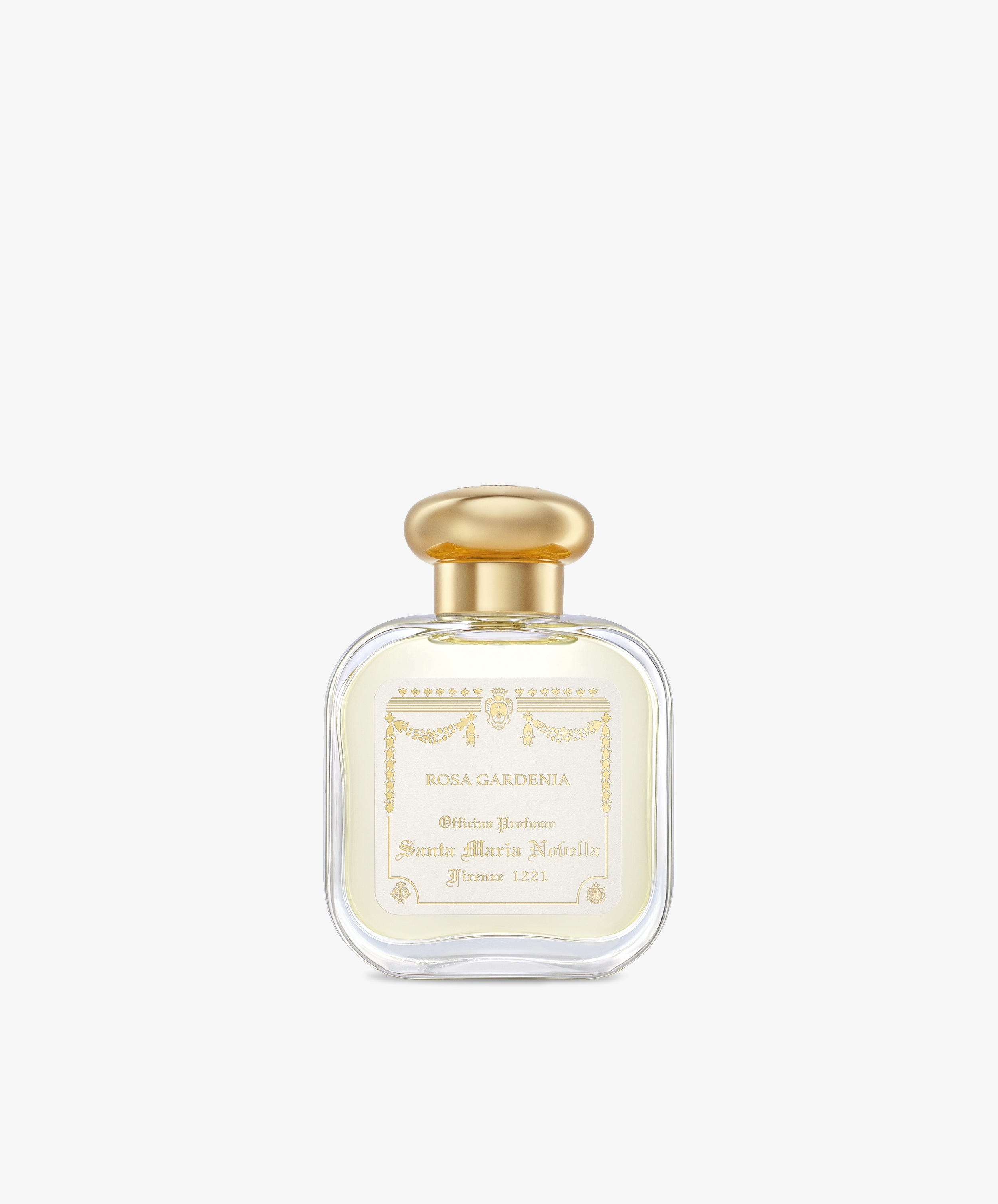 A clear glass bottle of Rosa Gardenia Eau de cologne, featuring a gold cap and white and gold label, is elegantly centered on a plain white background.