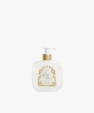 A white pump bottle with gold accents and a label reading Acqua della Regina contains the Acqua Della Regina Fluid Body Cream, capturing the essence of Florentine fragrance, set against a plain white background.