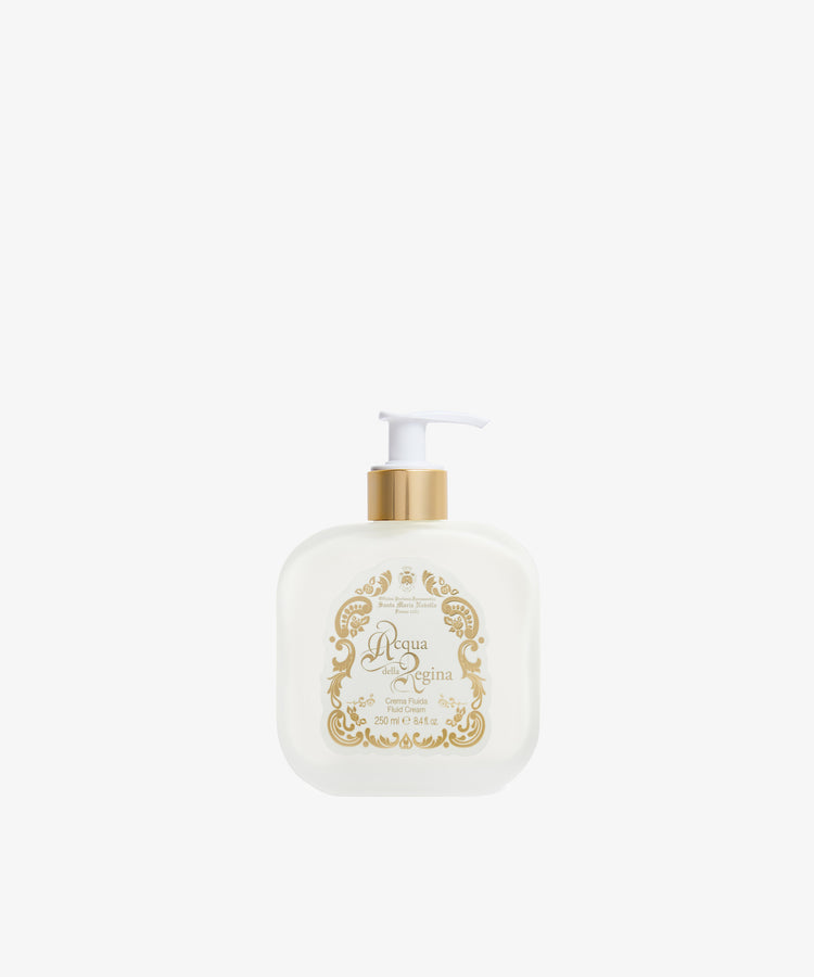 A white pump bottle with gold accents and a label reading Acqua della Regina contains the Acqua Della Regina Fluid Body Cream, capturing the essence of Florentine fragrance, set against a plain white background.