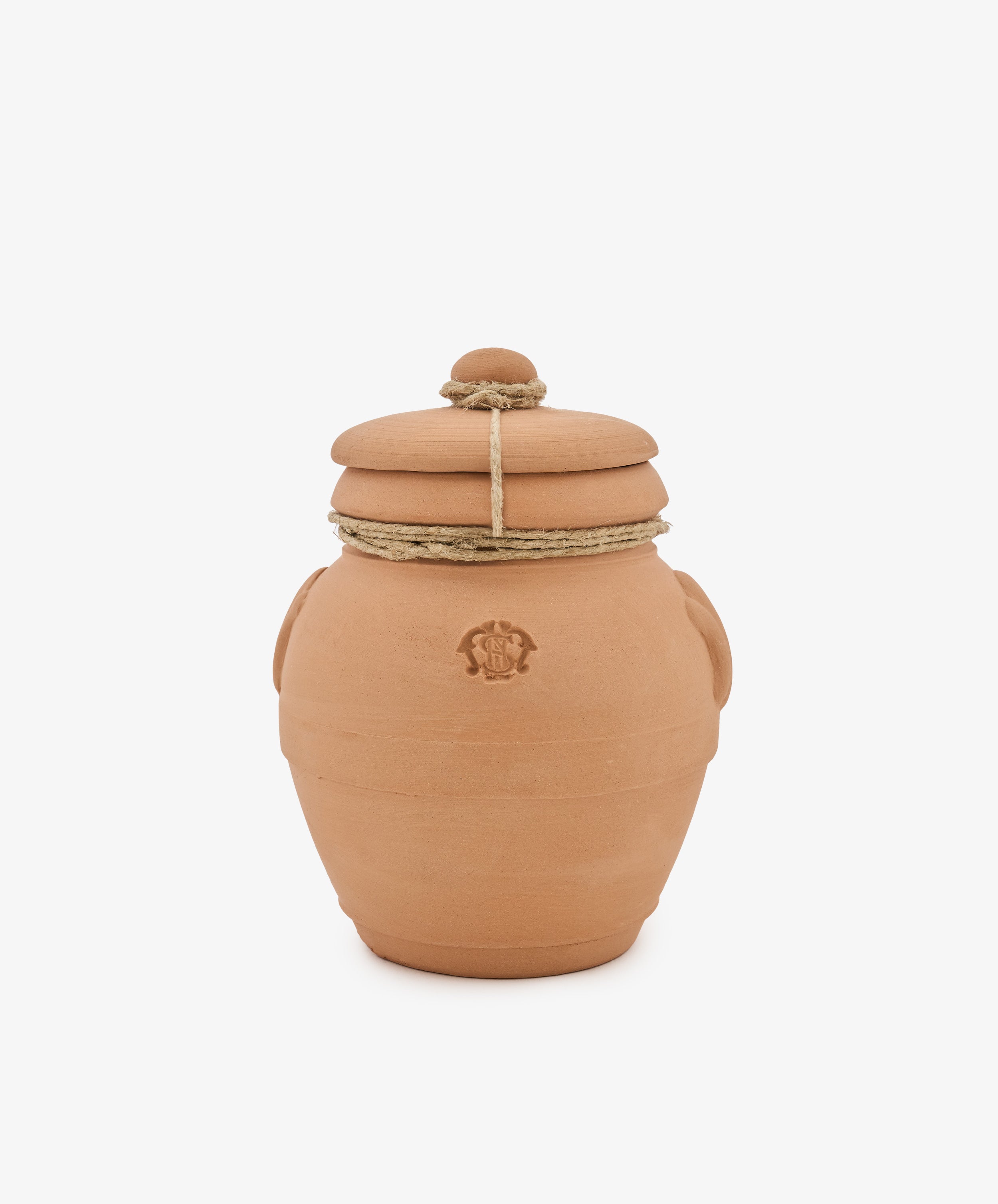 A Pot Pourri in Terracotta Jar, featuring a brown clay body with a lid, two side handles, and rope tied around the neck—evoking the look of vessels from historic apothecaries—set against a plain white background.