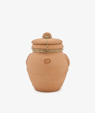 A Pot Pourri in Terracotta Jar, featuring a round clay vessel with a lid tied by twine and adorned with a small emblem on the front, holds a traditional formula inspired by the oldest pharmacy, displayed against a plain white background.