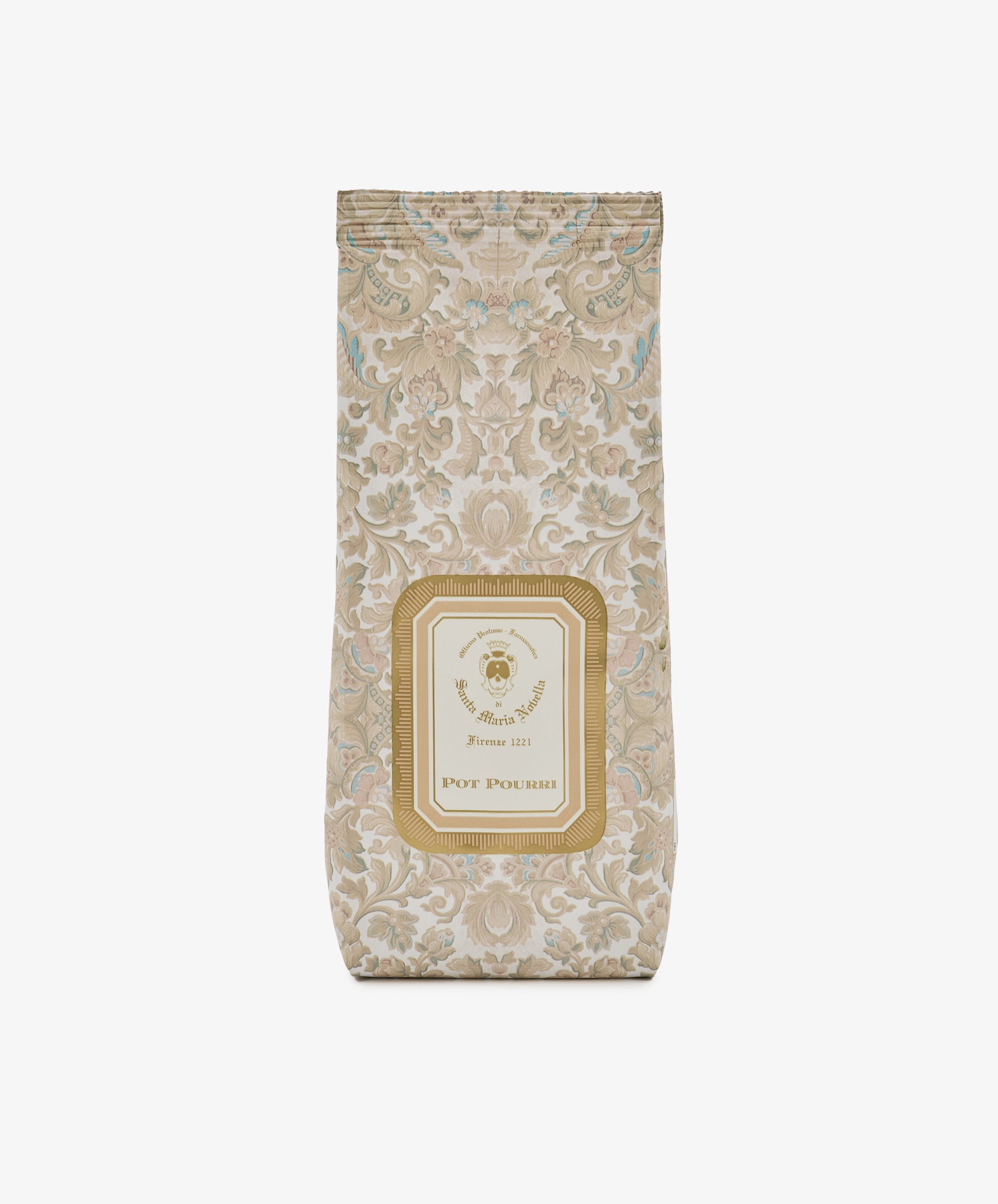 The Pot Pourri Bag is a rectangular sachet featuring ornate floral patterned packaging with a label that reads “Pot Pourri” on the front. Designed to keep your closet or linens smelling fresh, it is displayed against a white background.