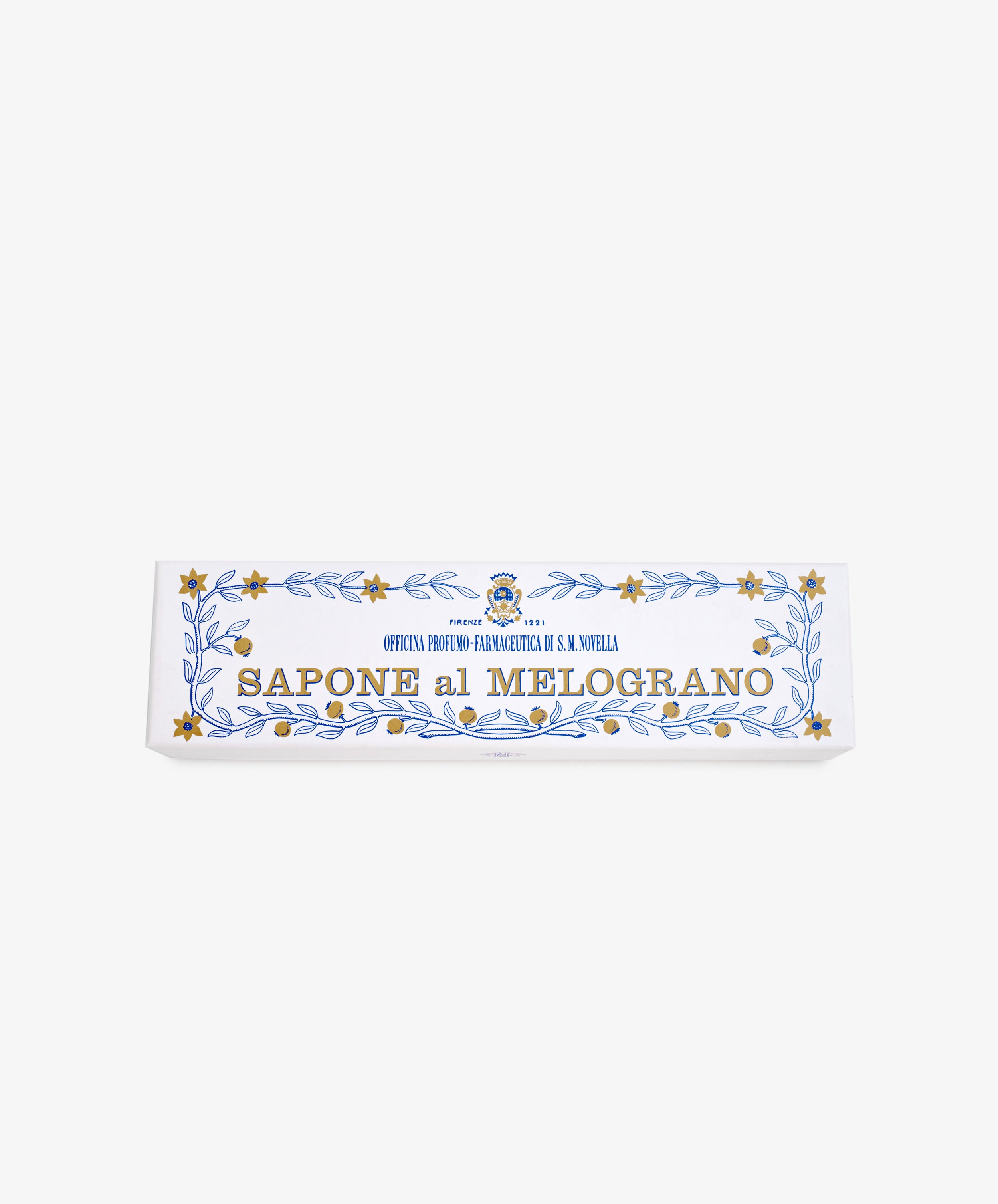 The Melograno Soap Set features rectangular bars labeled SAPONE al MELOGRANO, adorned with gold stars and blue leaf patterns inspired by Florentine paper on a white background.