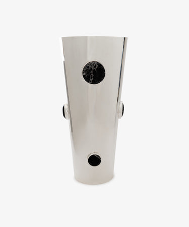 Paros Cone Vase—tall and silver-colored, crafted from steel, features three black circular accents aligned vertically and two on each side, displayed against a plain white background.