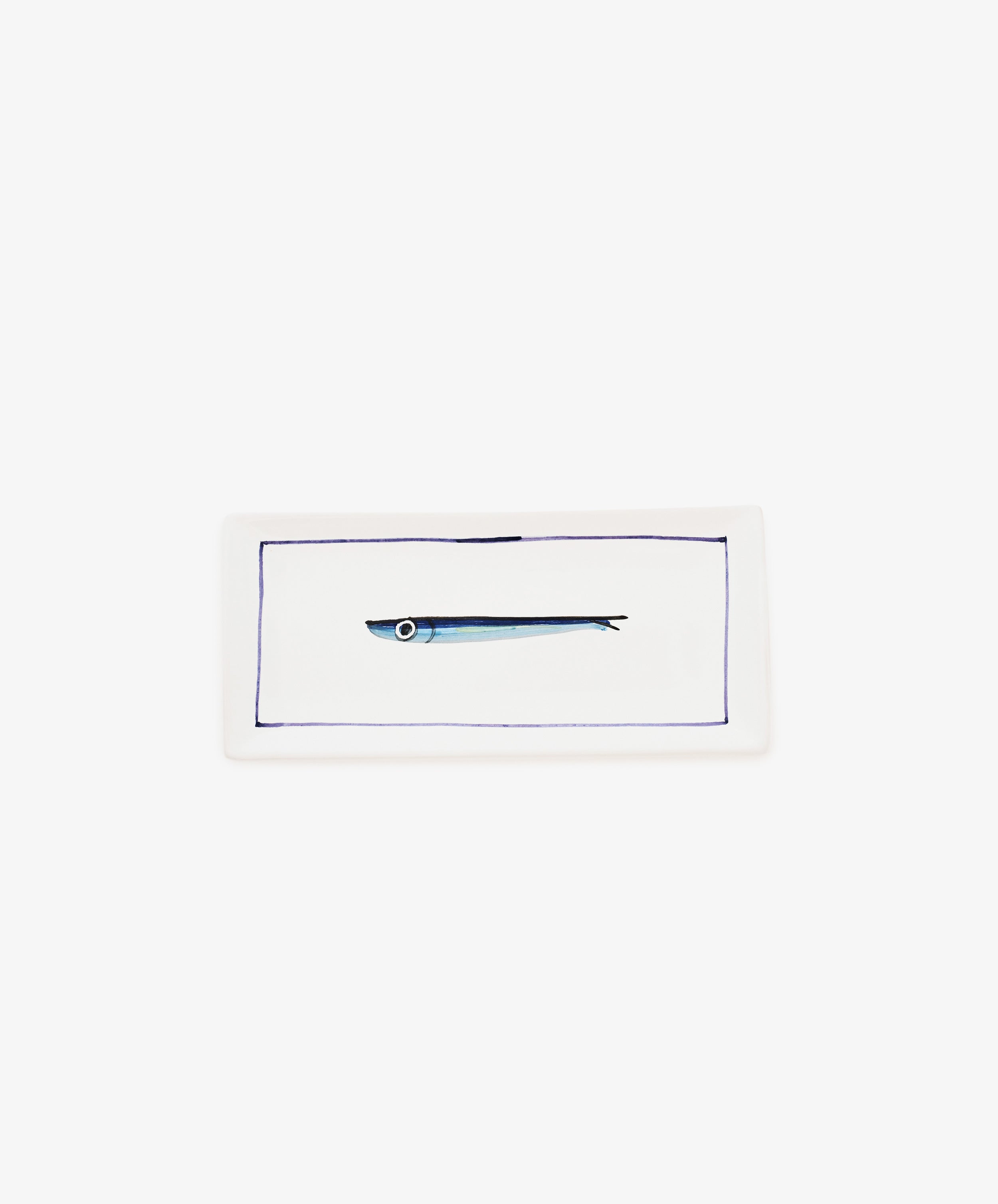 Tommaso Rectangle Tray – a white ceramic serving tray featuring a minimalist hand-painted cobalt blue fish in the center, framed by a delicate blue border.