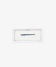 Tommaso Rectangle Tray – a white ceramic serving tray featuring a minimalist hand-painted cobalt blue fish in the center, framed by a delicate blue border.