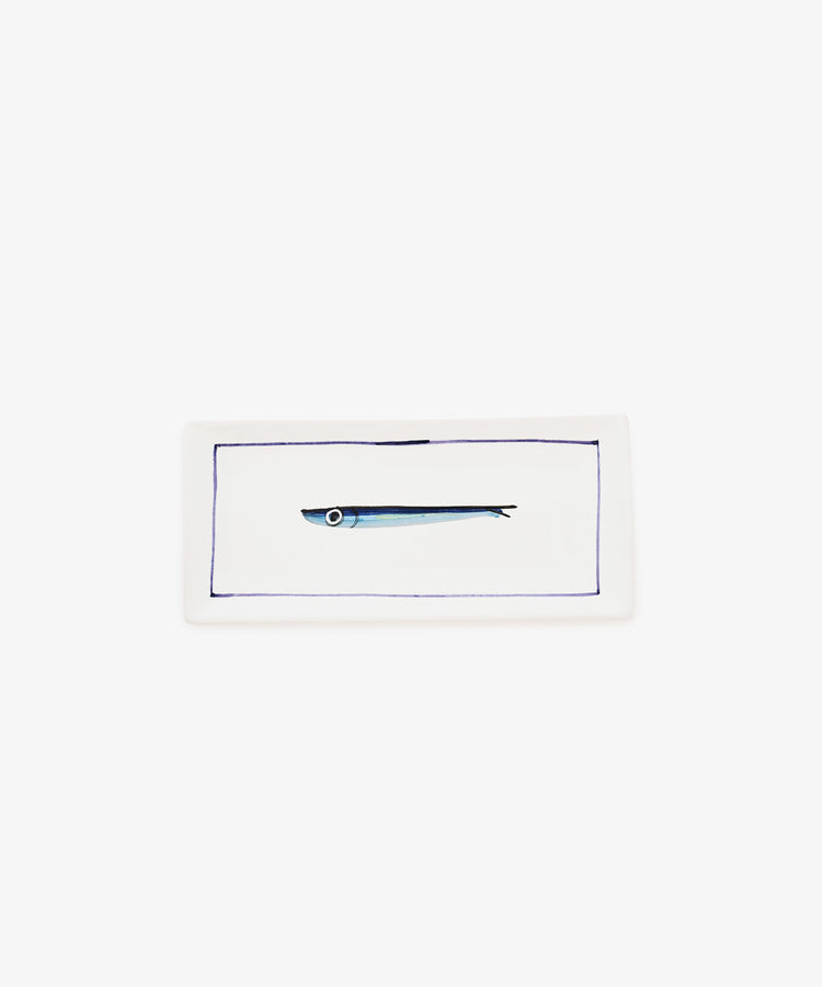 Tommaso Rectangle Tray – a white ceramic serving tray featuring a minimalist hand-painted cobalt blue fish in the center, framed by a delicate blue border.