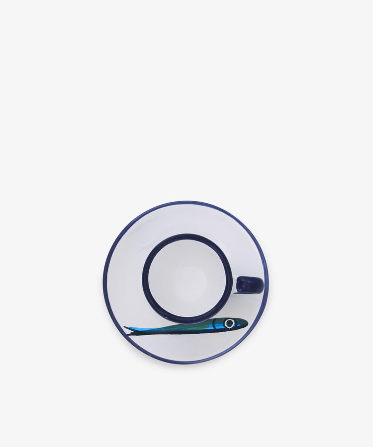 The Tommaso Espresso Set includes a white cup and saucer with dark blue rims; the saucer features a painted fish motif inspired by the Mediterranean and Amalfi Coast.