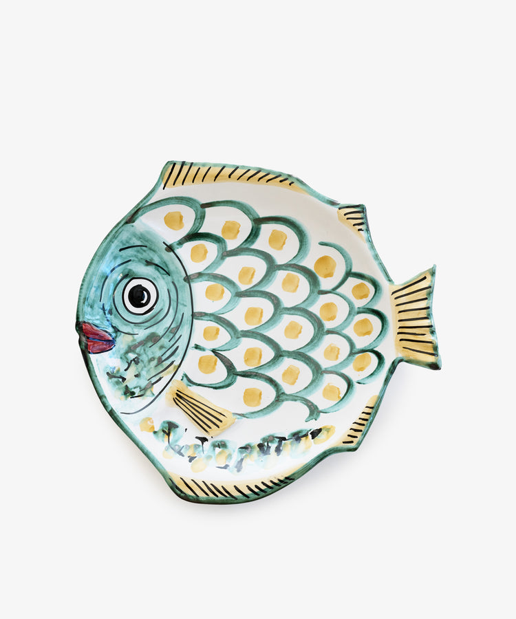 Rico Serving Platter. Small glazed ceramic fish-shaped plate painted in green and yellow