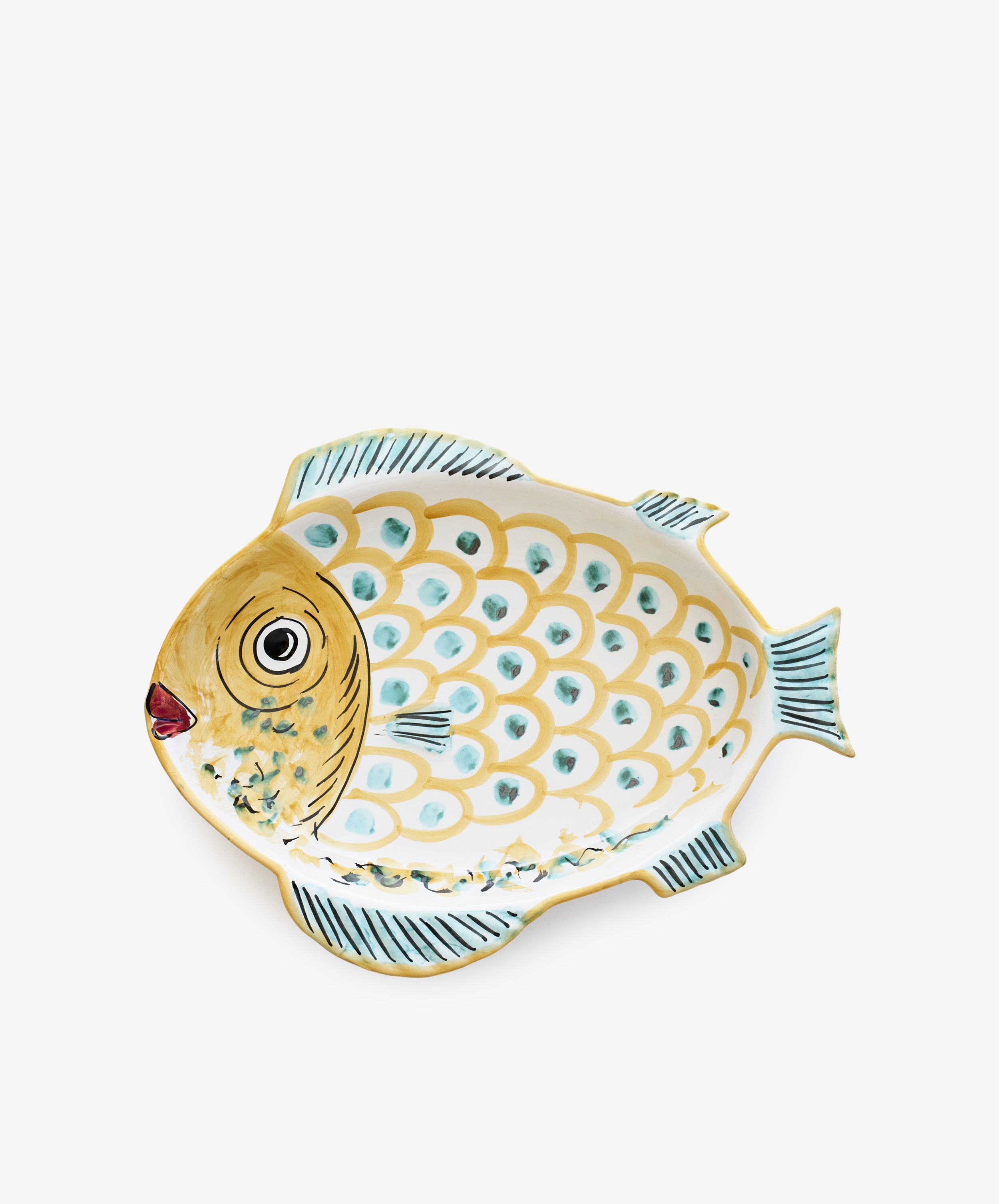 Ricardo Serving Platter. Hand-glazed ceramic fish-shaped plate painted in yellow and aqua.