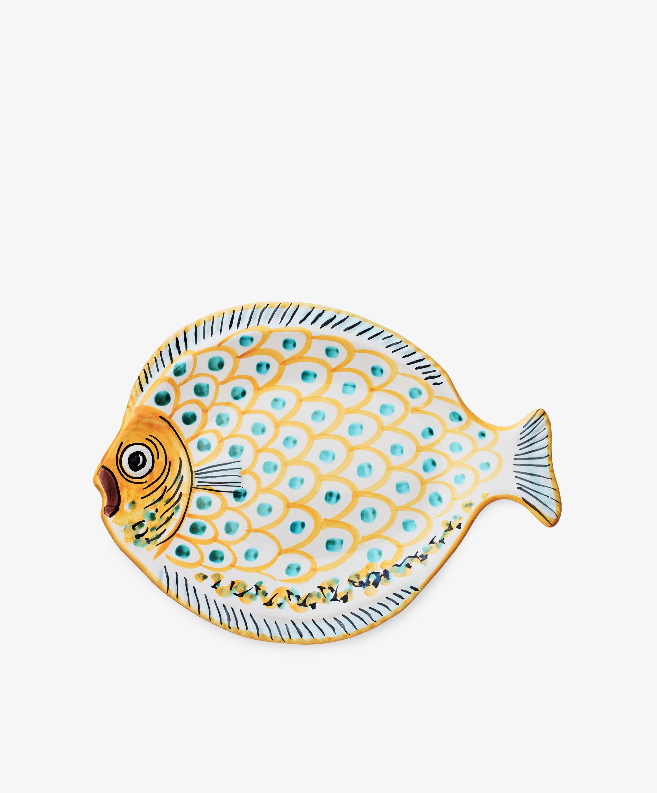 The Ricardo Serving Platter is shaped and painted like a fish with yellow, blue, and white scales plus a detailed face and tail—a playful dish to add color to your table.