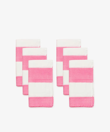 The Striped Napkins, Set of 6, made from 100% linen with pink and white horizontal stripes, are neatly arranged in two rows on a white background.
