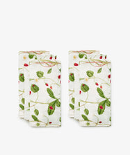 Fraise de Bois Napkins. Set of six napkins with a verdant strawberry pattern. Front view.