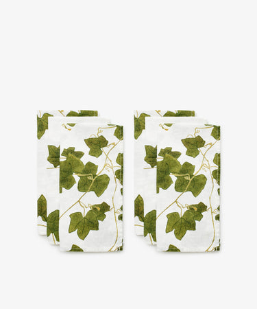 Ivy Herbarium Napkins. Image of set of six napkins. Verdant green vine imagery on napkin. Front view.