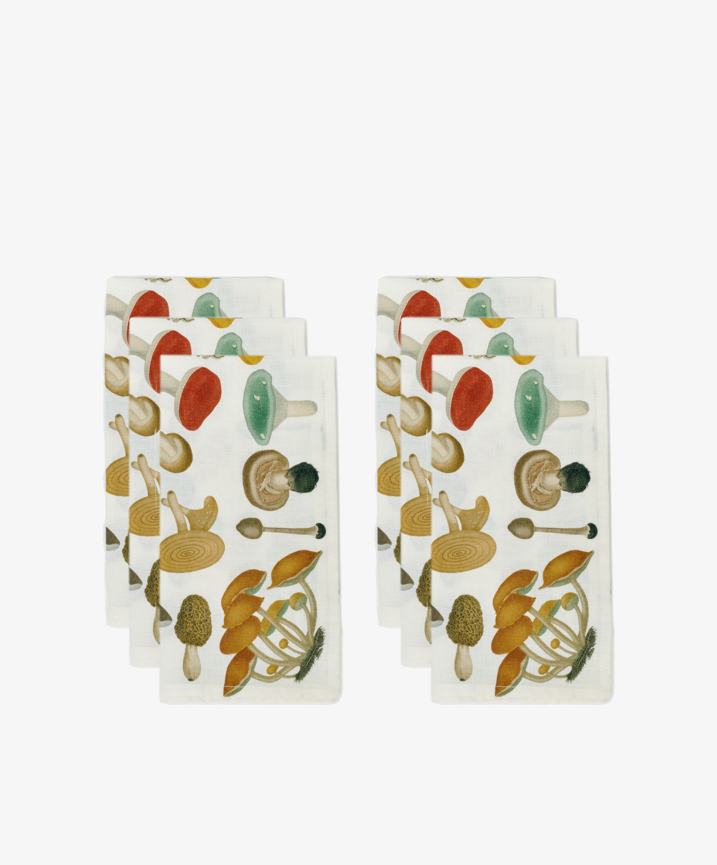 Set of six John Derian Fungi Napkins featuring vintage-inspired colorful mushroom illustrations on white, arranged in three pairs.