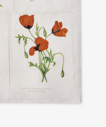 The John Derian Botanical Tiles Napkin, Set of 6, features a botanical illustration of red poppies with green stems and leaves. Text below reads: â€œLong Prickly-Headed Poppy. Papaver Argemone.â€ Printed on white linen fabric.