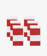 A set of six Striped Napkins, featuring bold white and red stripes, are arranged in two rows on a white background.