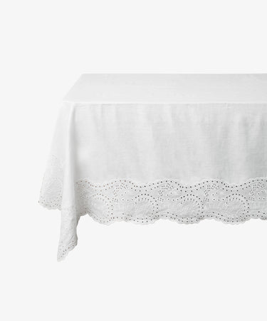 Broderie Anglais tablecloth. Ghost image of tablecloth draped over a table. Side view.