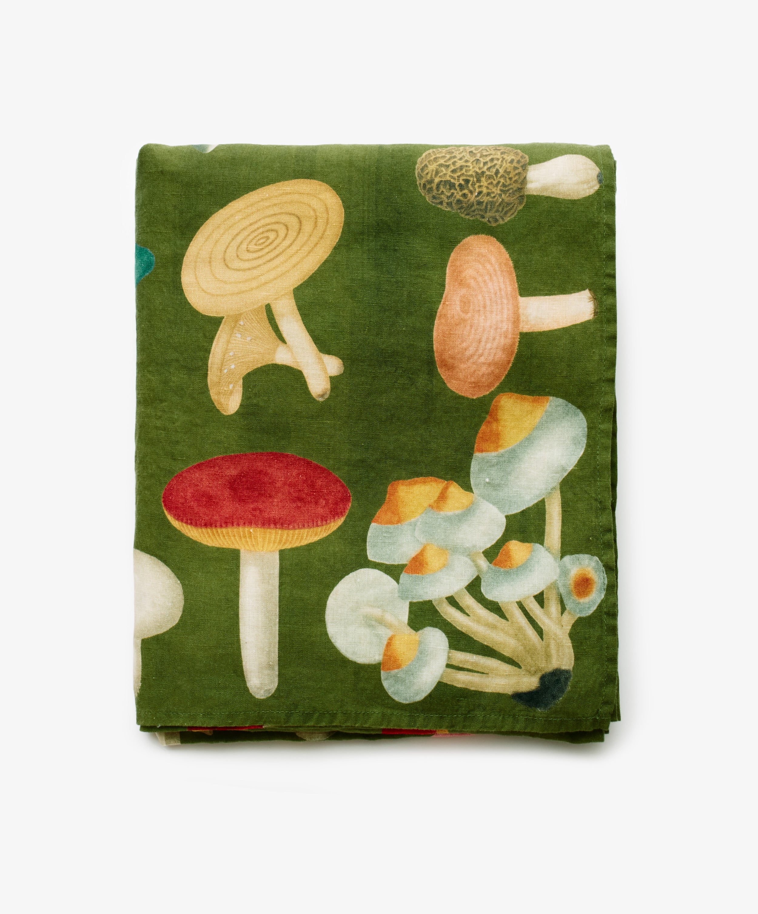 John Derian Fungi Tablecloth. Image of tablecloth folded in a rectangle. Front view.