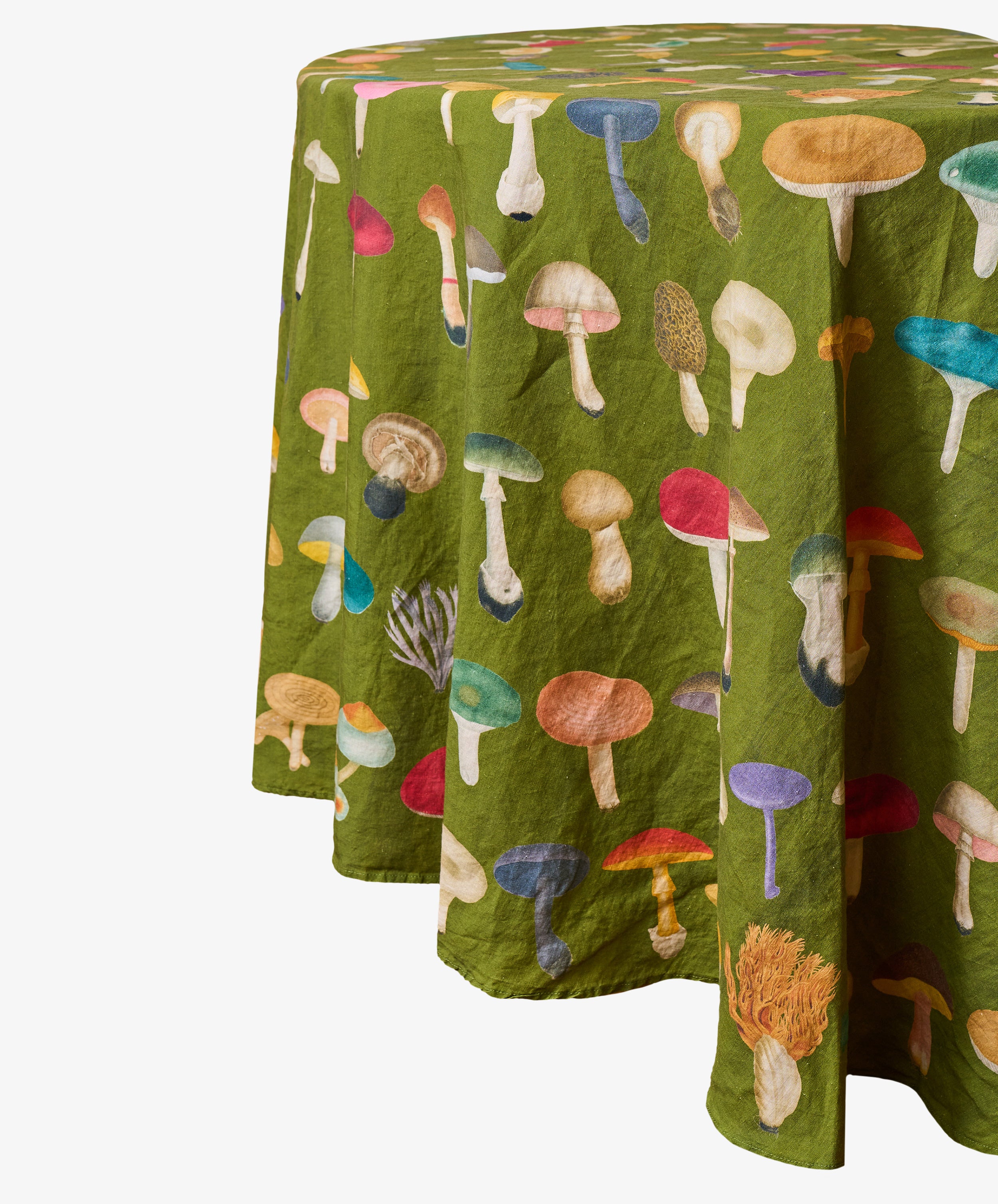 The John Derian Fungi Round Tablecloth features colorful illustrations of various mushrooms on avocado linen, offering a charming botanical print that’s perfect for curiosity cabinet decor.