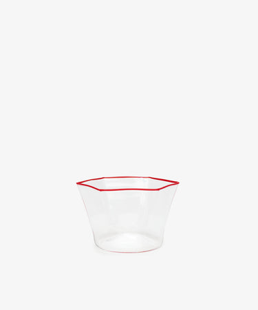 Gustavo Snack Bowl. Hexagonal bowl in clear glass with dark coral stripe at top lip.