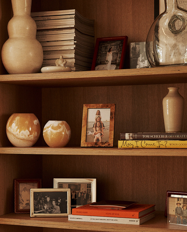 Collage of a shelf with decorative items and a close-up of a laptop on a desk.