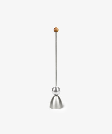 The Clack Egg Opener, a German-engineered tool with a conical base, spherical center, long rod, and wooden top sphere, is shown against a white background.