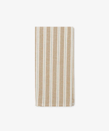 The Martin Striped Napkins, Set of 6, feature a beige and white striped rectangular design inspired by classic English ticking, shown neatly folded against a plain white background.
