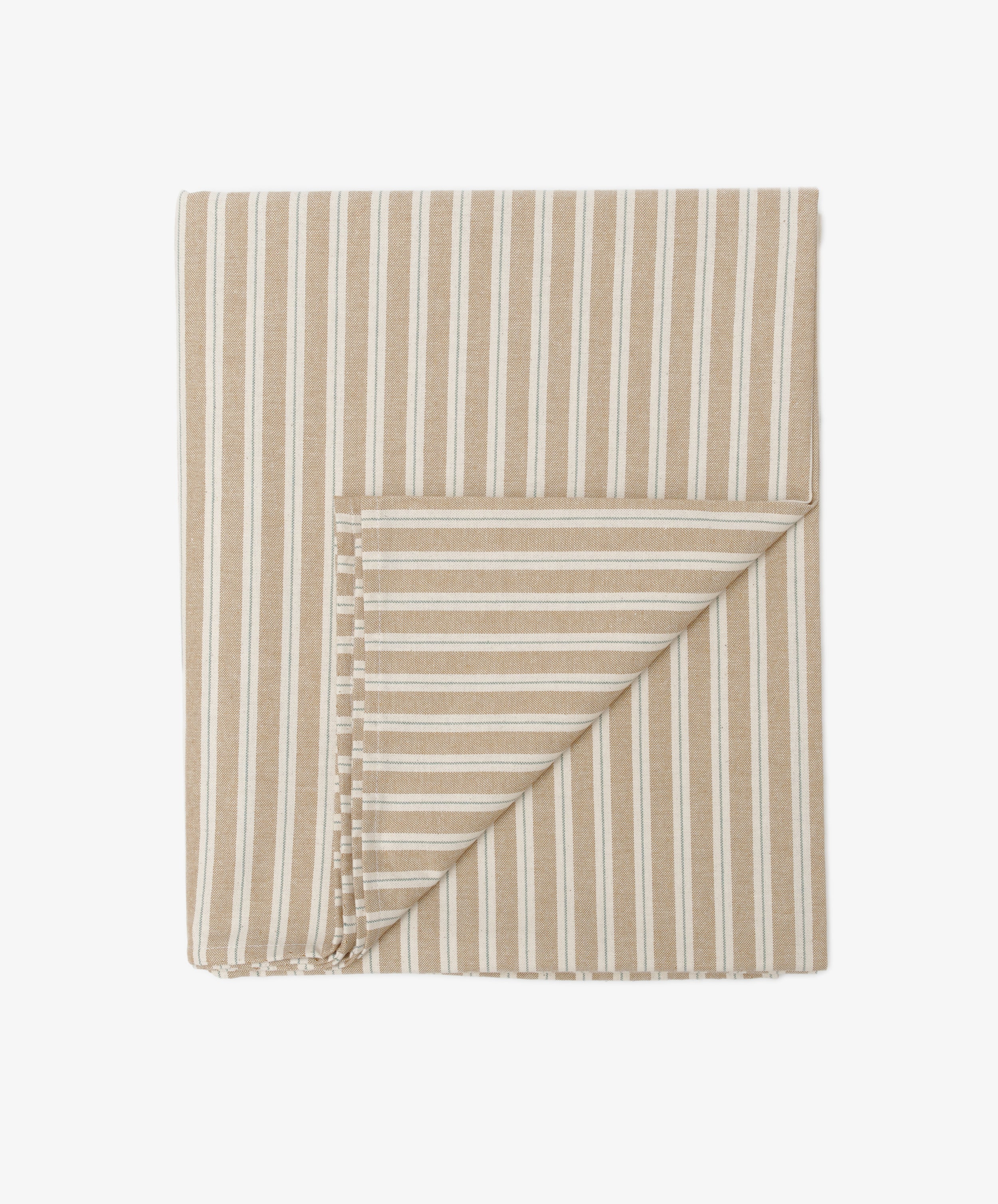Martin Striped Tablecloth in beige and white English ticking, shown folded with a turned corner to highlight its classic stripes on both sides. Durable and timeless, its ideal for those who appreciate elegant table linens.