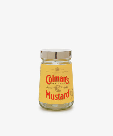 Sterling Silver Colman's Mustard Lid by Theo Fennell. Empty mustard jar with yellow label  and silver lid.