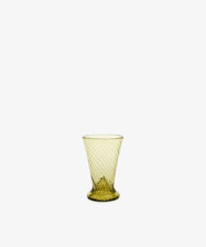The Ridge Glass, Set of 6, features small hand-blown transparent yellow glasses with flared rims and spiral patterns, displayed on a plain white background.