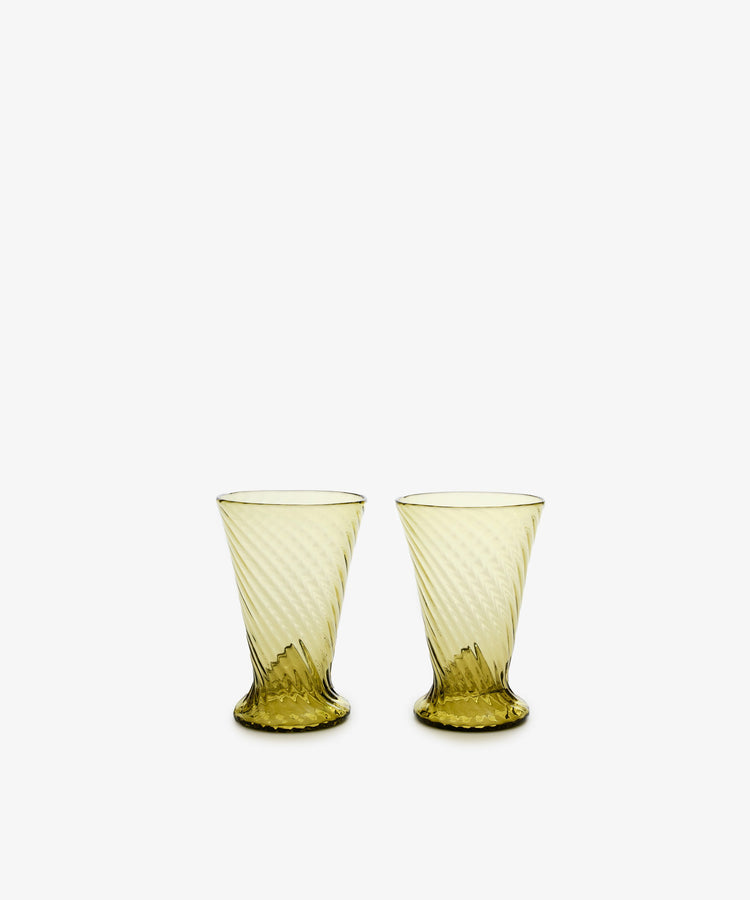 Marina Glass. Pair of swirled stripe hand-blown olive green glass tumblers.