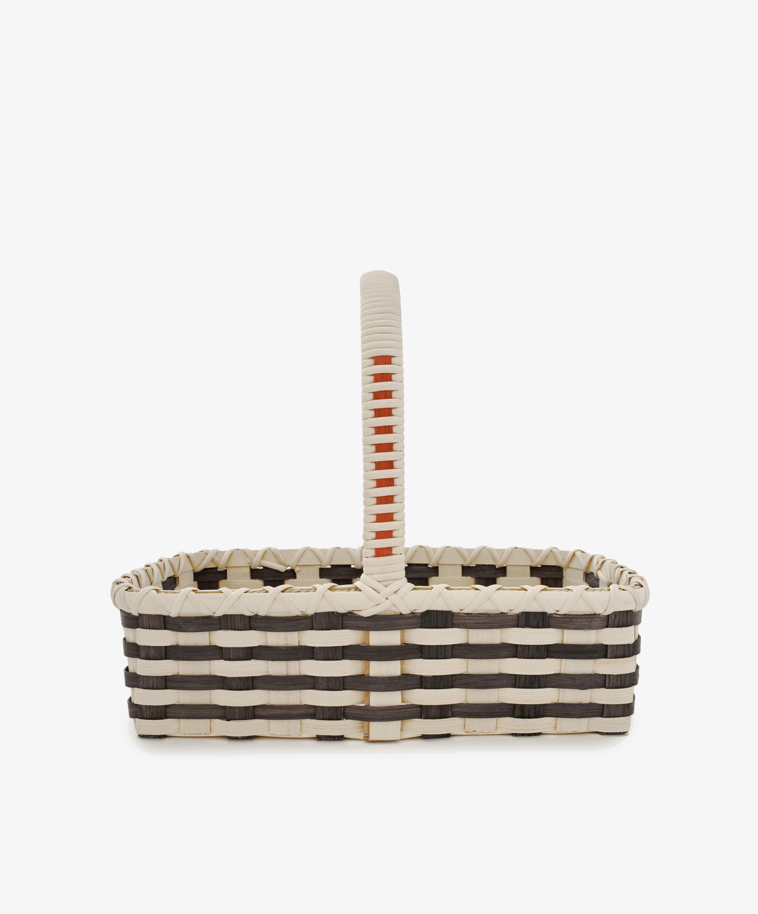 Folk Fleur Hand Basket: A rectangular woven market basket with black and white stripes and a central handle, displayed against a plain white background.
