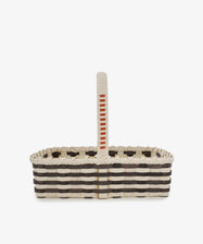 Folk Fleur Hand Basket: A rectangular woven market basket with black and white stripes and a central handle, displayed against a plain white background.