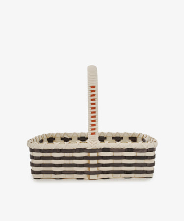 Folk Fleur Hand Basket: A rectangular woven market basket with black and white stripes and a central handle, displayed against a plain white background.