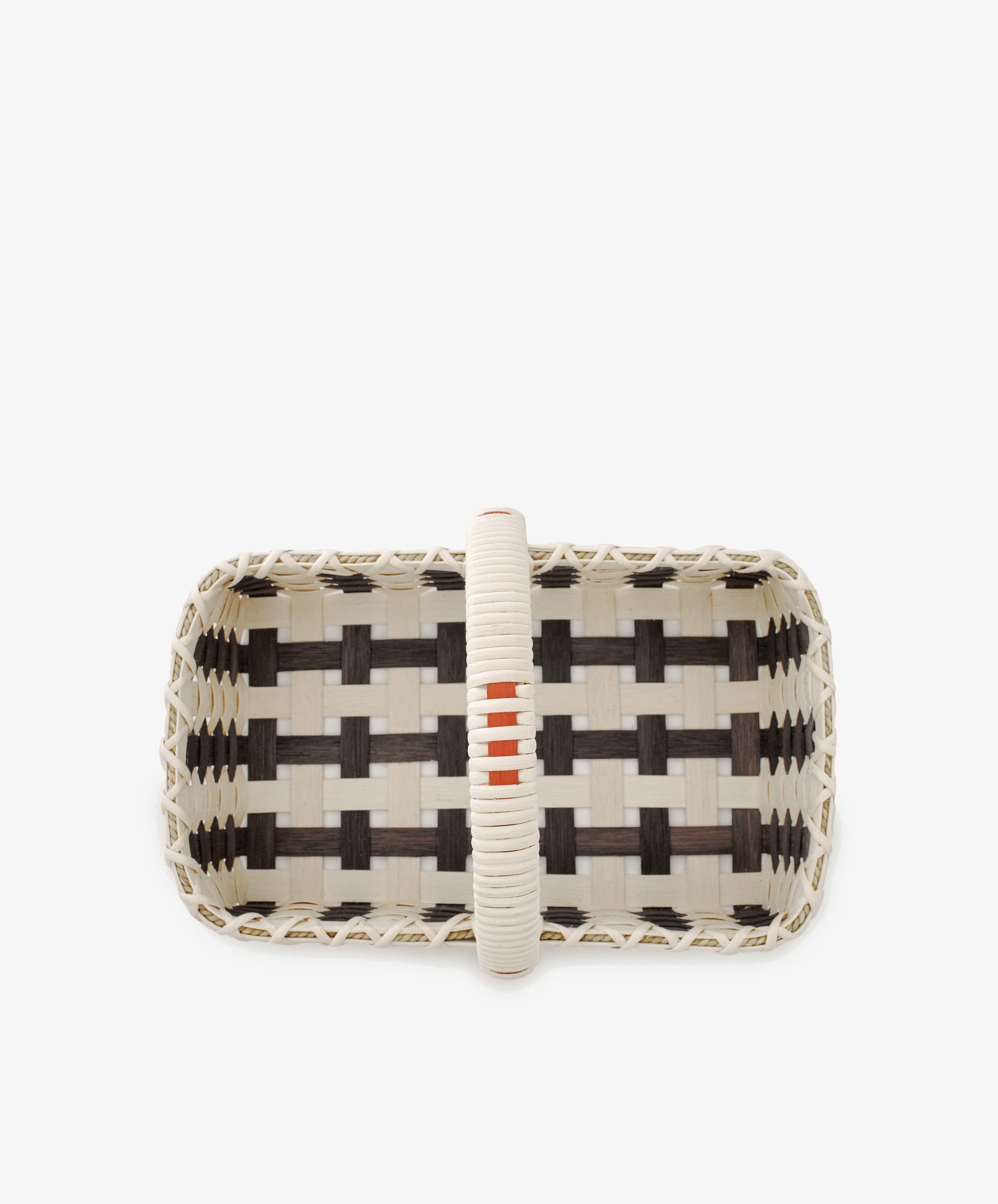 Folk Fleur Hand Basket, a rectangular woven utility basket with a checkered pattern in light and dark colors and a handle, shown from above on a white background.