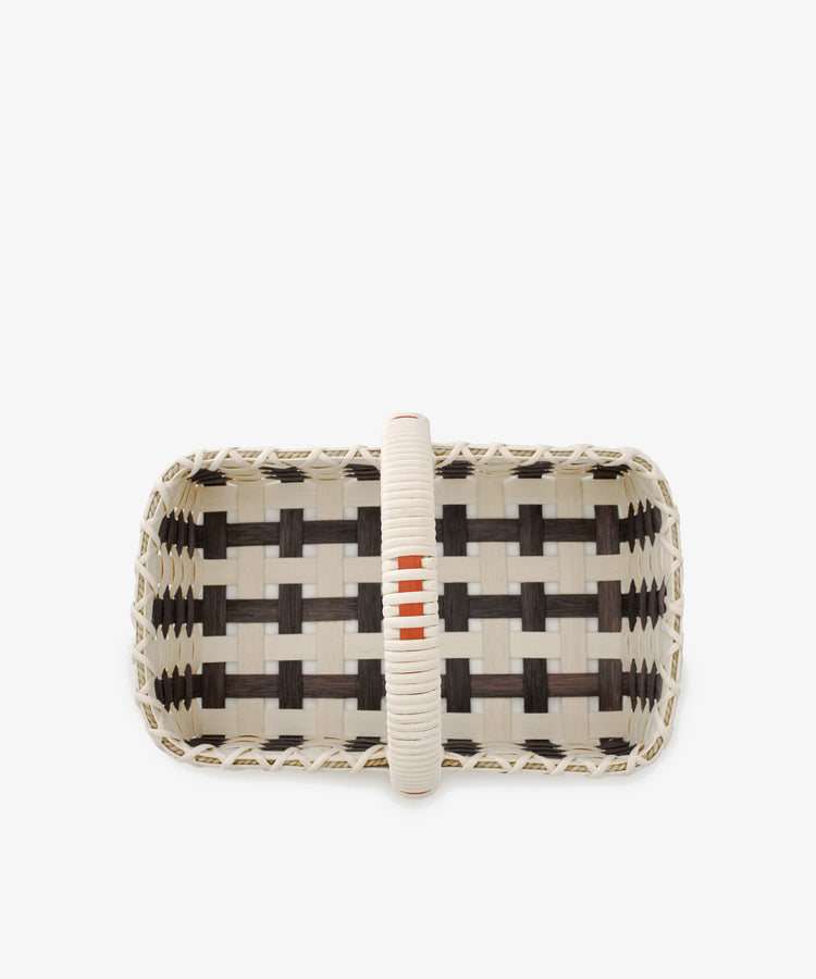 Folk Fleur Hand Basket, a rectangular woven utility basket with a checkered pattern in light and dark colors and a handle, shown from above on a white background.