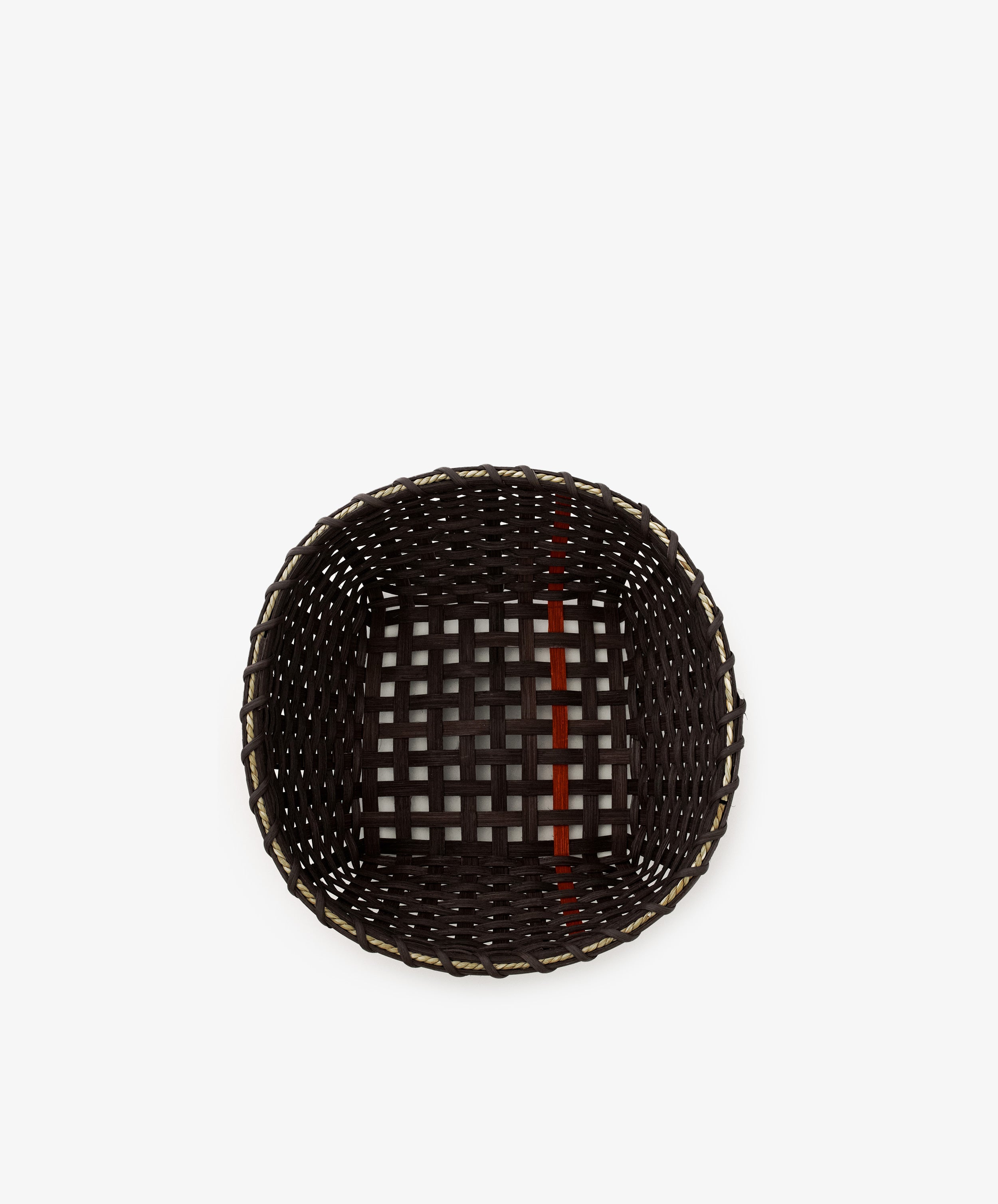 A Medium Love Basket, handwoven in a dark brown color with a square shape and open top, is displayed on a white background. The intricate weave features a single vertical red stripe as an accent.