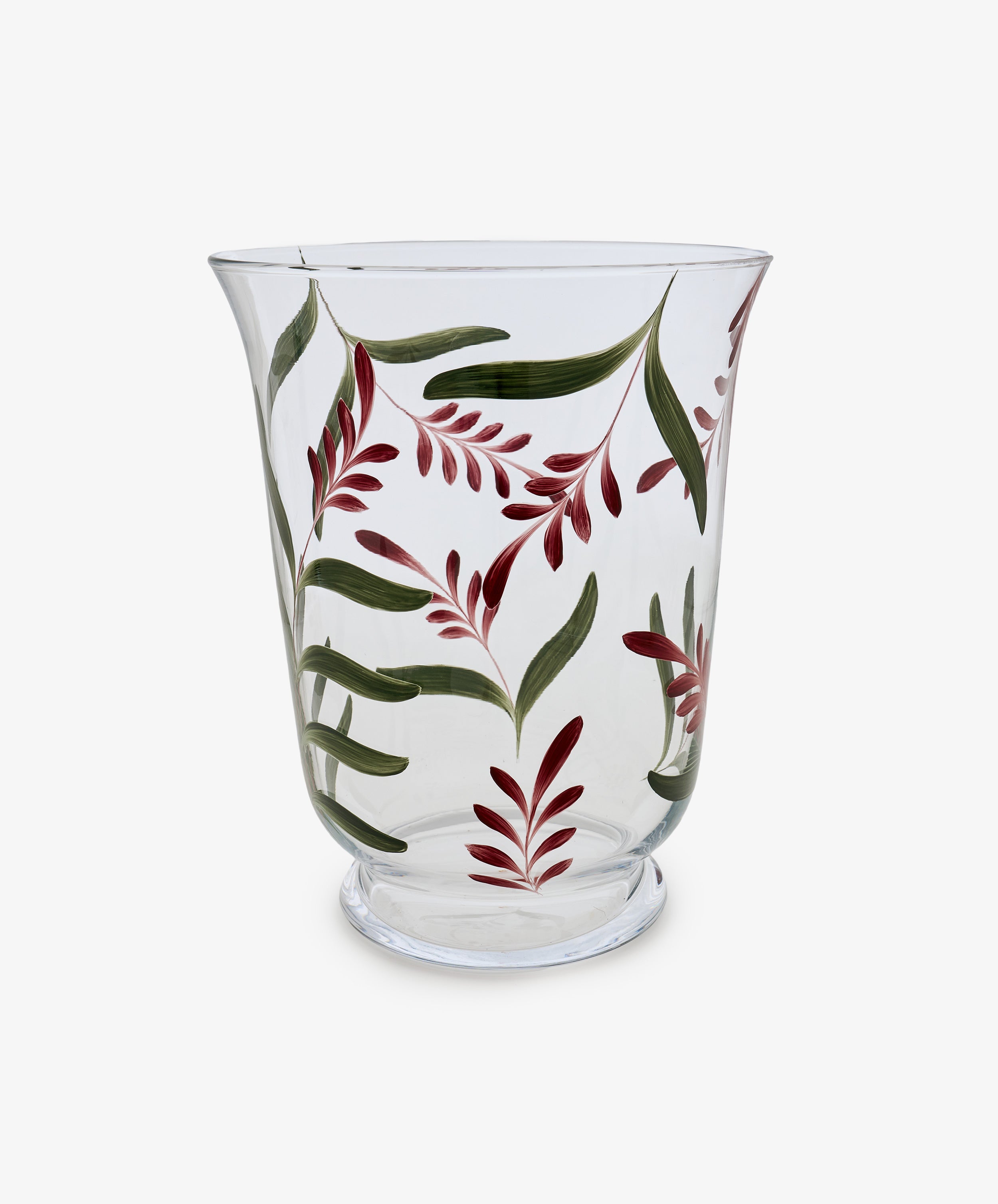 Botanical Candle Holder made of clear glass with a flared rim, adorned with a decorative leaf motif and hand-painted red floral patterns, shown on a white background—ideal as a striking table centerpiece.