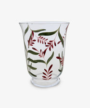 Botanical Candle Holder made of clear glass with a flared rim, adorned with a decorative leaf motif and hand-painted red floral patterns, shown on a white background—ideal as a striking table centerpiece.