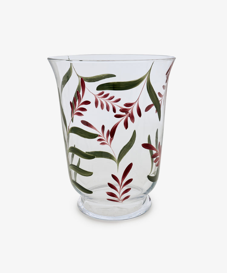 Botanical Candle Holder made of clear glass with a flared rim, adorned with a decorative leaf motif and hand-painted red floral patterns, shown on a white background—ideal as a striking table centerpiece.