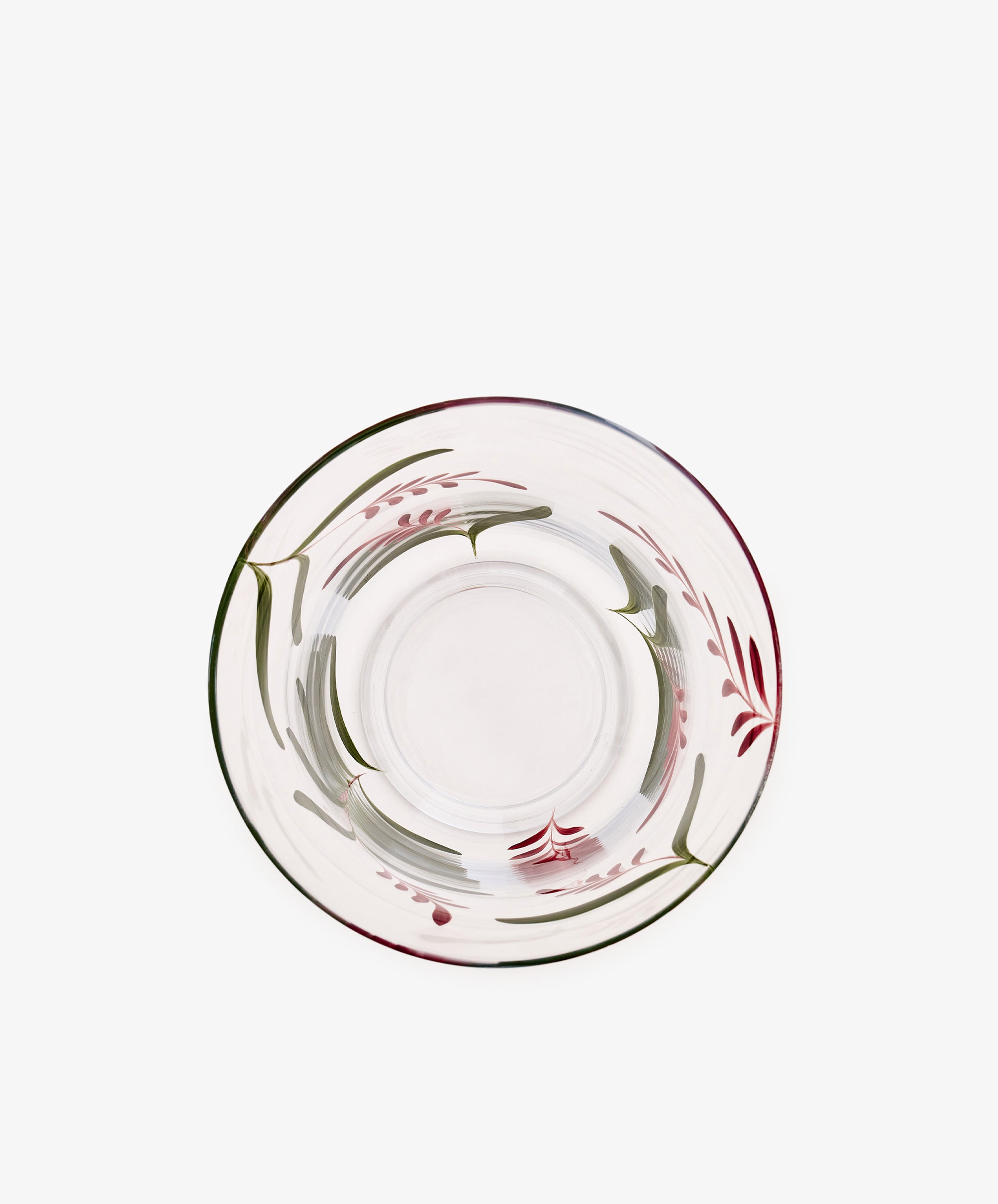 Botanical Candle Holder featuring clear glass with a decorative leaf motif and green and red floral patterns encircling the rim, viewed from above on a white background—perfect as a charming table centerpiece.