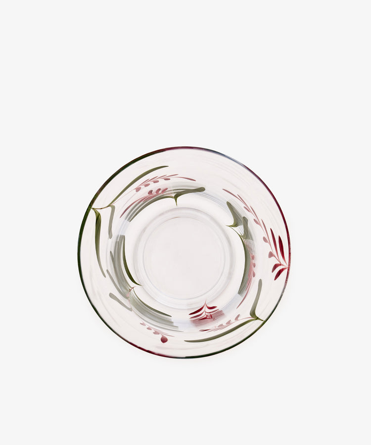 Botanical Candle Holder featuring clear glass with a decorative leaf motif and green and red floral patterns encircling the rim, viewed from above on a white background—perfect as a charming table centerpiece.