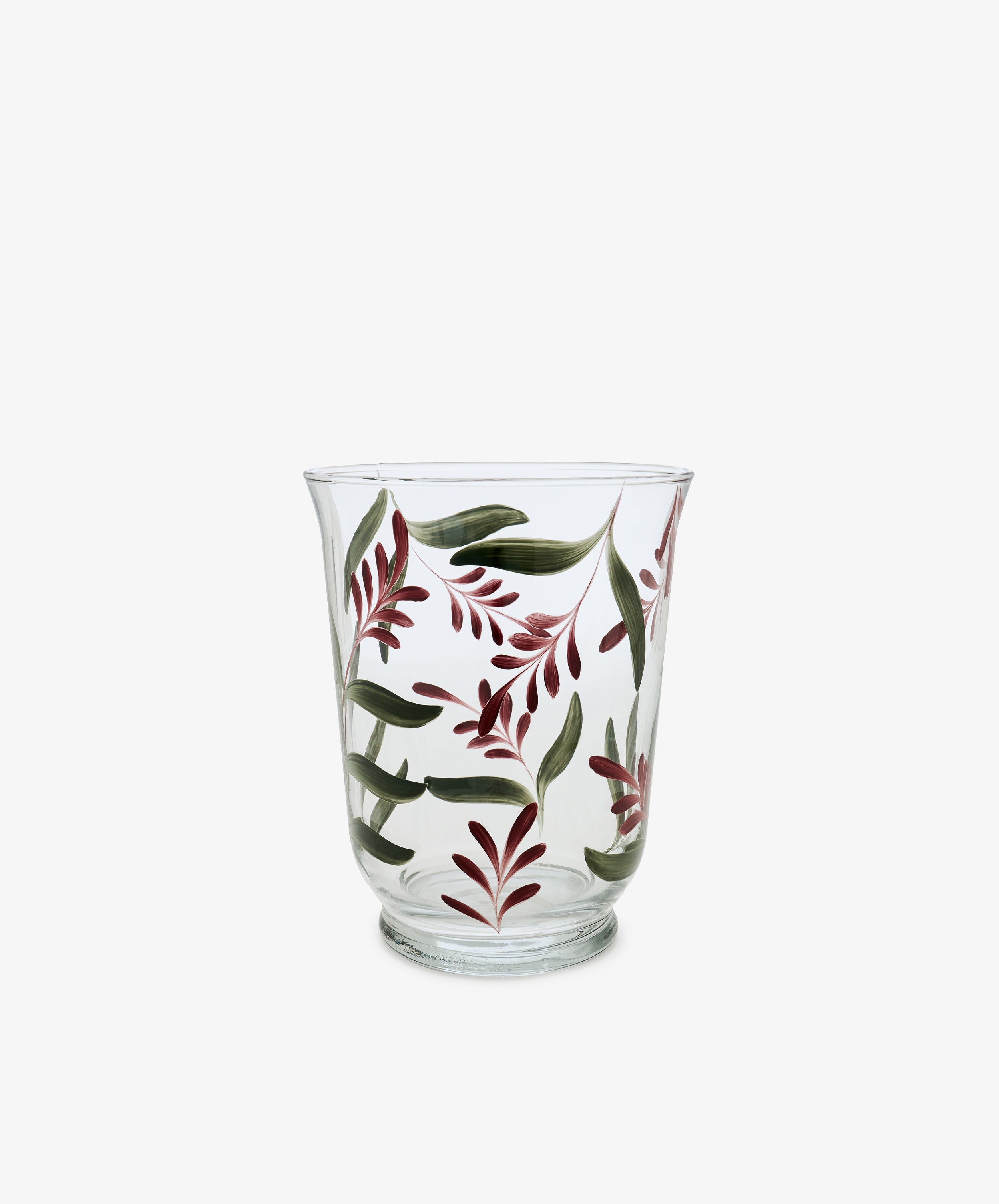 Botanical Candle Holder—clear glass with painted green and burgundy leaves and red floral designs, displayed on a plain white background—perfect as a decorative table centerpiece.