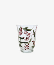 Botanical Candle Holder—clear glass with painted green and burgundy leaves and red floral designs, displayed on a plain white background—perfect as a decorative table centerpiece.