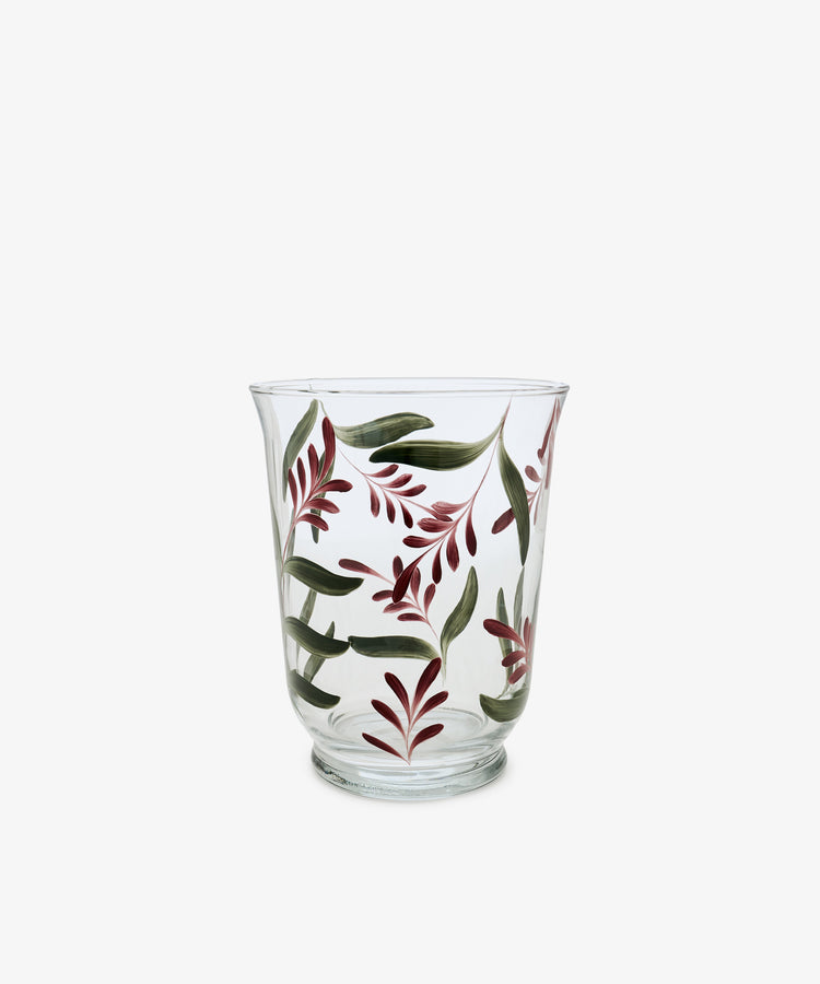 Botanical Candle Holder—clear glass with painted green and burgundy leaves and red floral designs, displayed on a plain white background—perfect as a decorative table centerpiece.