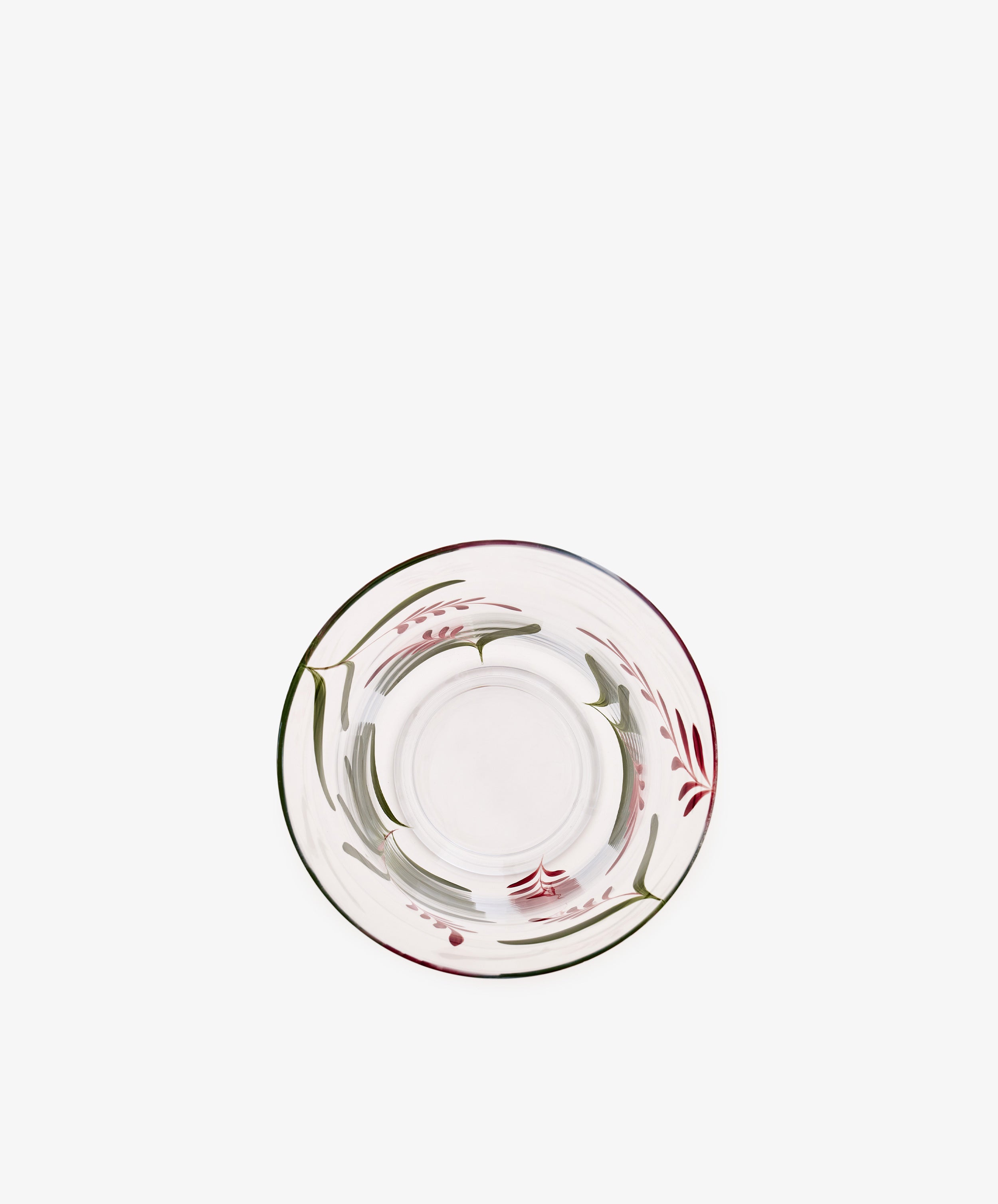 Botanical Candle Holder featuring clear glass with a delicate floral pattern of green and burgundy leaves around the rim, set against a white background—ideal as a decorative table centerpiece.