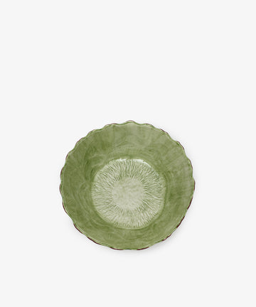 The Artichoke Bowl is a hand-finished green ceramic piece featuring a textured pattern and scalloped edges, shown from above on a plain white background.